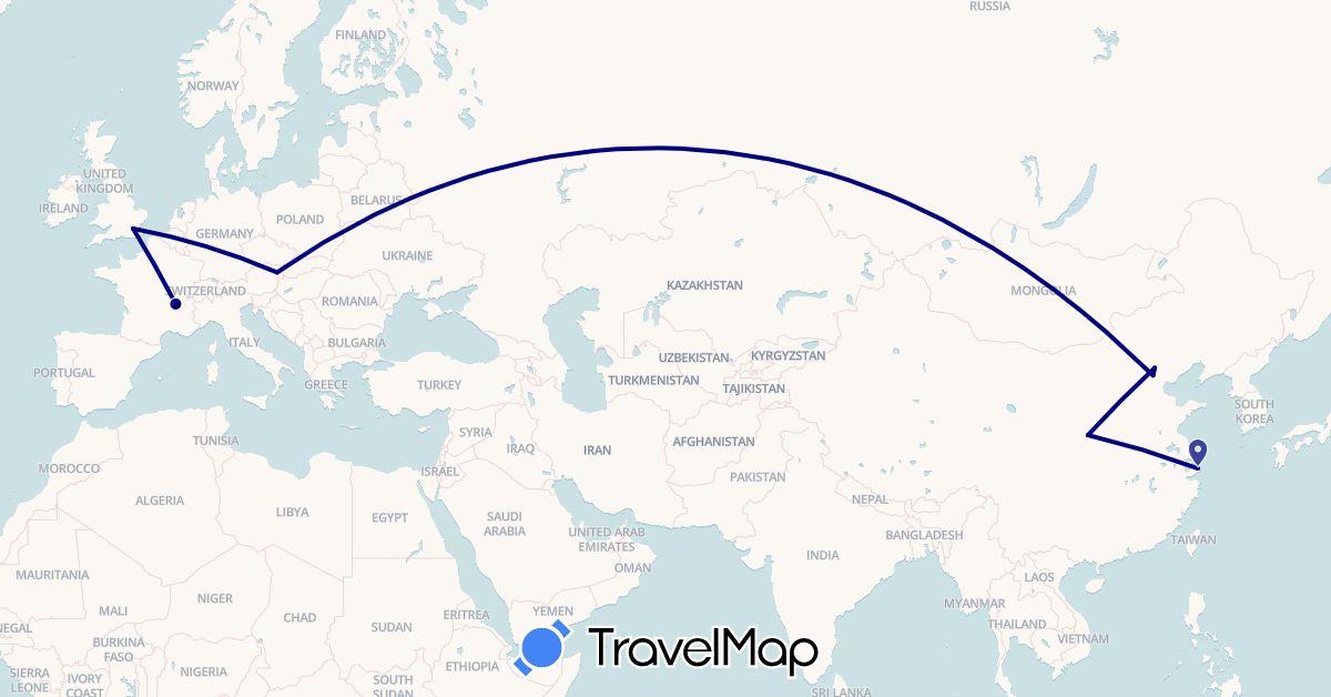 TravelMap itinerary: driving in Austria, China, France, United Kingdom (Asia, Europe)